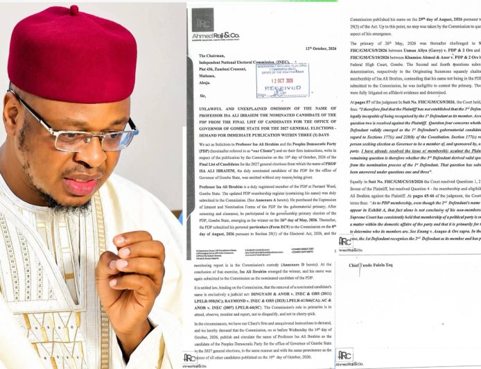 PDP Lawyers Demand INEC Publish Isa Ali Ibrahim’s Name as Gombe Governorship Candidate